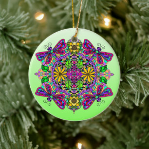 Pretty Colourful Dragonfly Mystical Mandala Ceramic Ornament