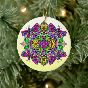 Pretty Colourful Dragonfly Mystical Mandala Ceramic Ornament