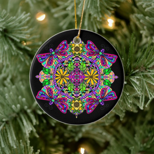 Pretty Colourful Dragonfly Mystical Mandala Ceramic Ornament (Tree)