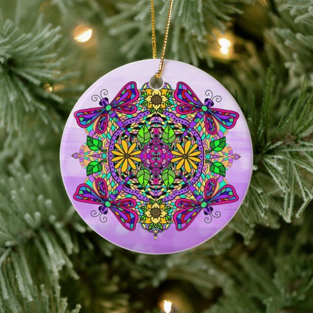 Pretty Colourful Dragonfly Mystical Mandala   Ceramic Ornament (Tree)