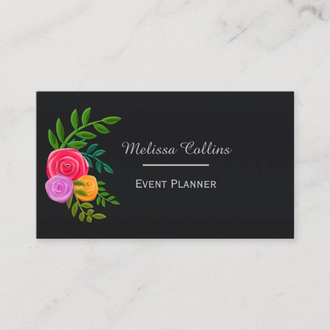 Pretty Colourful Floral on Black Elegant Business Card (Front)