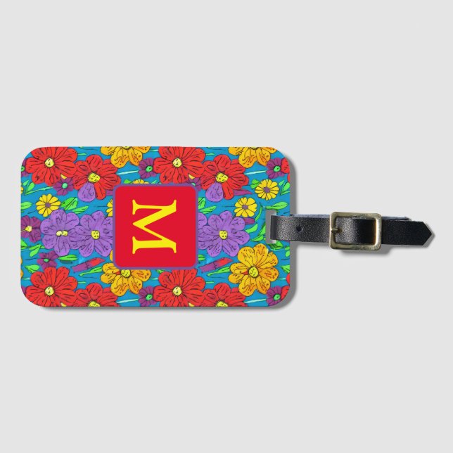 Pretty Colourful Floral Pattern Monogrammed Luggage Tag (Front Horizontal)