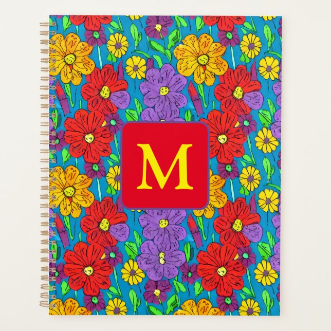 Pretty Colourful Floral Pattern Monogrammed Planner (Front)