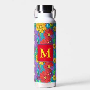 Pretty Colourful Floral Pattern Monogrammed Water Bottle