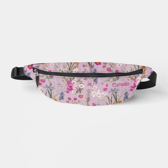 Pretty Colourful Floral Pattern Purple Pink Custom Fanny Pack (Front)