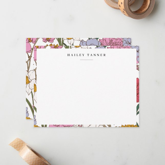 Pretty Colourful Flower Pattern Border Flat Card (Front/Back In Situ)