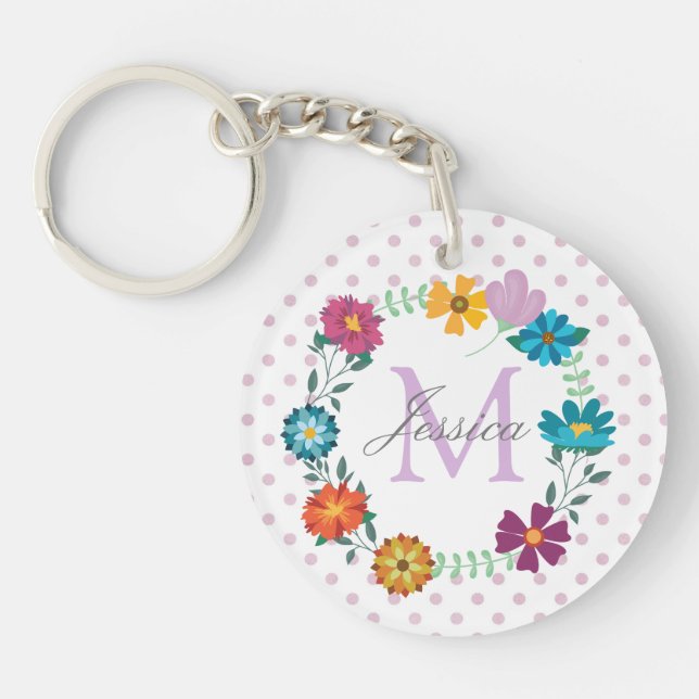 Pretty Colourful Flower Wreath Personalised Dotty Keychain (Front)