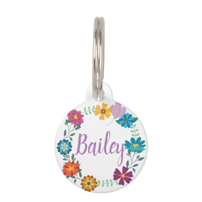 Pretty Colourful Flower Wreath Personalised Pet Tag (Front)