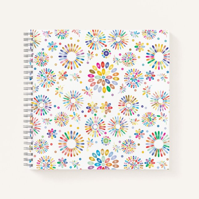 Pretty Colourful Flowers Circles Pattern on White Notebook (Front)