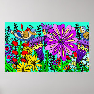 Pretty Colourful Folk Art Style Bird and Flowers Poster