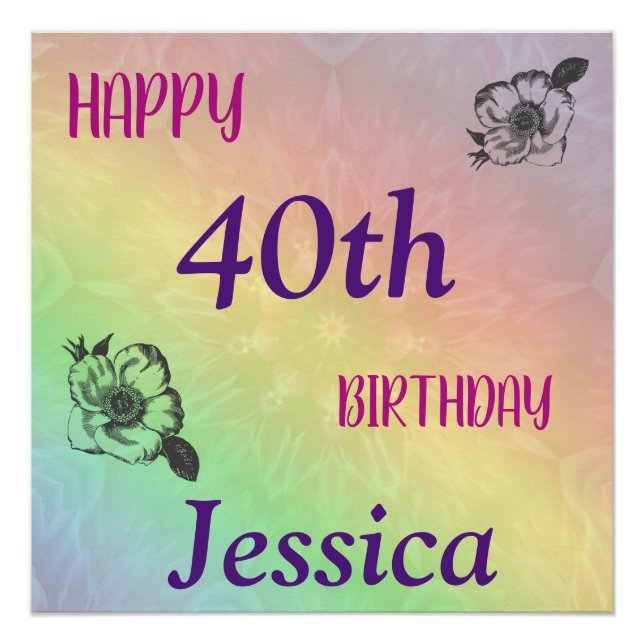 Pretty Colourful Happy 40th Birthday Poster (Front)