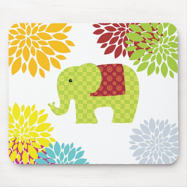 Pretty Colourful Hippie Elephant Flower Power Mouse Pad (Front)
