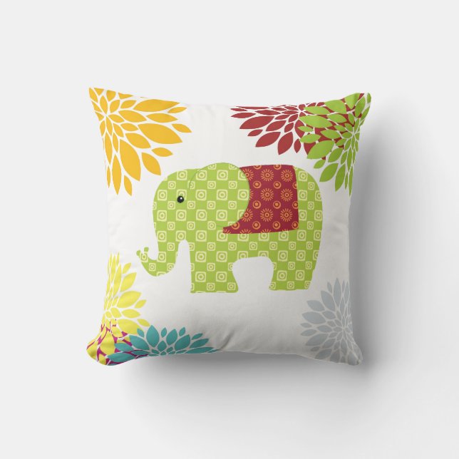 Pretty Colourful Hippie Elephant Flower Power Throw Pillow (Front)
