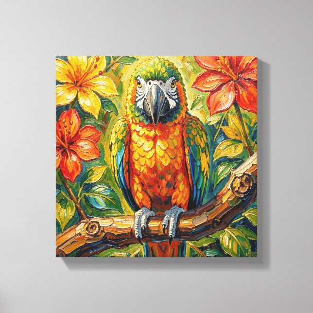 Pretty Colourful Impasto Parrot and Tropical Flowe Canvas Print (Front)