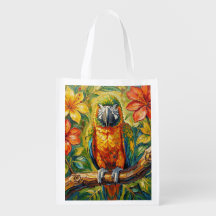 Pretty Colourful Impasto Parrot and Tropical Flowe