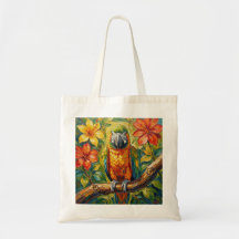 Pretty Colourful Impasto Parrot and Tropical Flowe