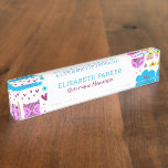 Pretty colourful pattern children business manager nameplate<br><div class="desc">A fun playful pattern of cute foxes, hearts, doodle shapes and clouds making a pretty desk nameplate in a bold and pastel colour palette of fuchsia pink, aqua blue, burgundy, and yellow. Suitable for any baby and kids related small businesses - baby shower, birthdays, party planners, kids playgrounds, kindergartens, kids...</div>