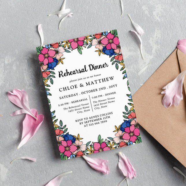 Pretty Colourful Pink Flowers Rehearsal Dinner Invitation (Creator Uploaded)