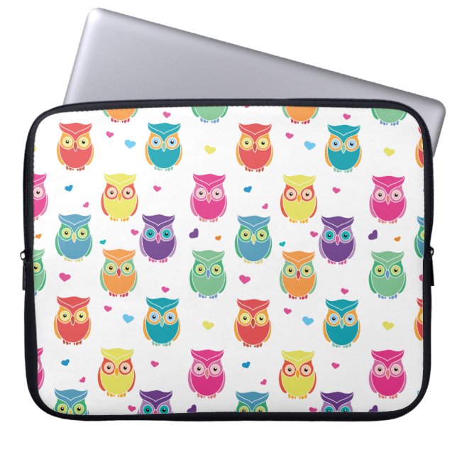 Pretty Colourful Rainbow Owl Pattern Tween Kids Laptop Sleeve (Front)