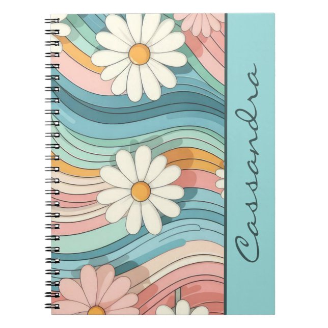 Pretty Colourful Retro Daisy Flower Power Name Notebook (Front)