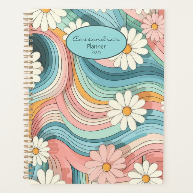 Pretty Colourful Retro Daisy Flower Power Name Planner (Front)