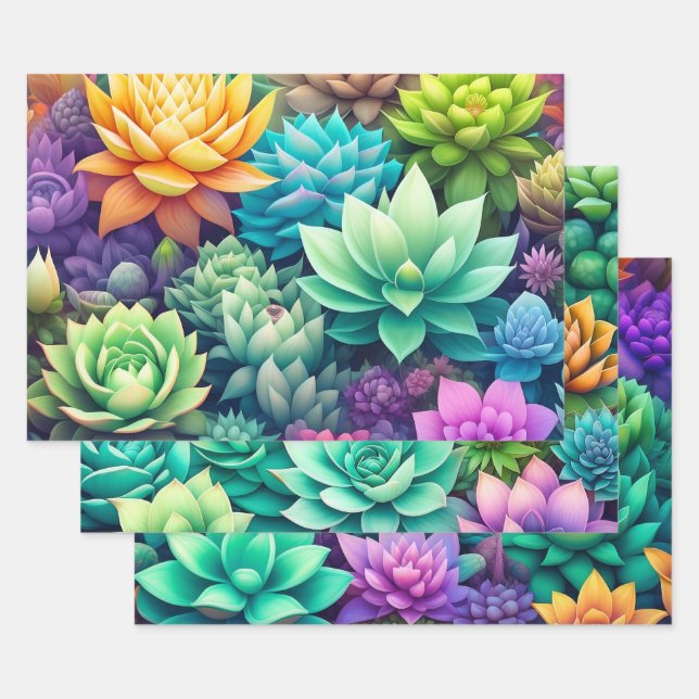 Pretty Colourful Succulent Greenery Birthday Wrapping Paper Sheet (Set)