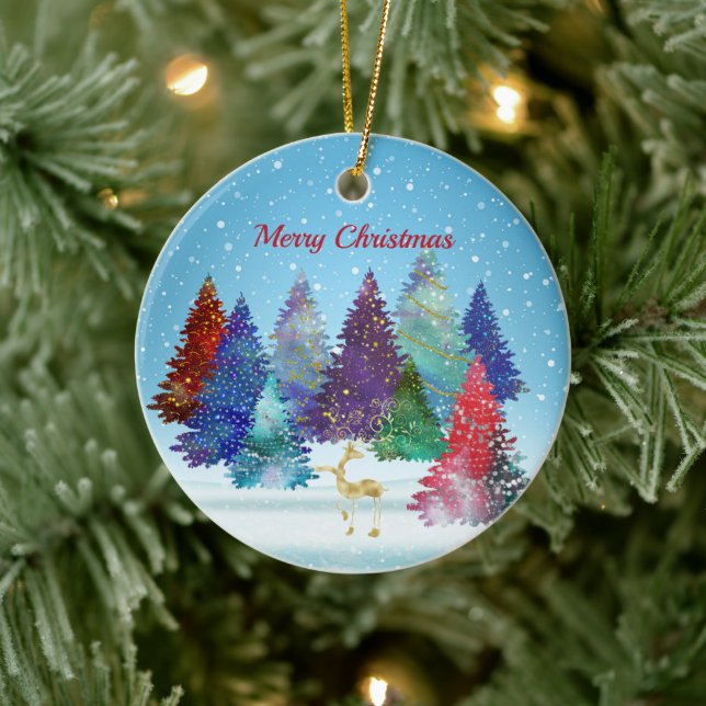 Pretty Colourful Trees Reindeer Christmas Ceramic Ornament (Tree)