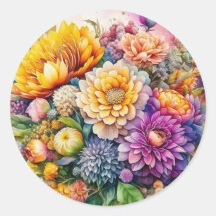 Pretty Colourful Watercolor Ai Art Flowers Classic Round Sticker