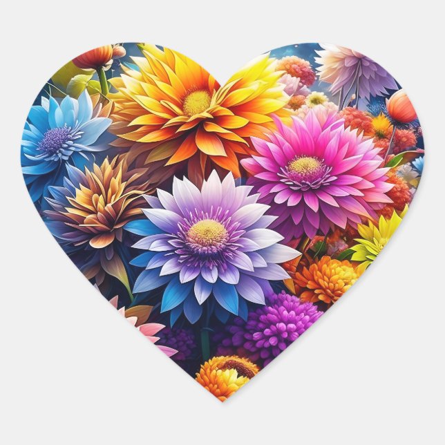 Pretty Colourful Watercolor Ai Art Flowers  Heart Sticker (Front)