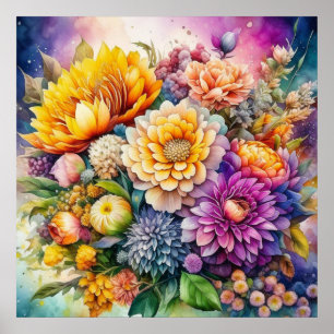 Pretty Colourful Watercolor Ai Art Flowers  Poster