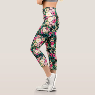 Pretty Colourful Watercolor Floral Black Design Capri Leggings