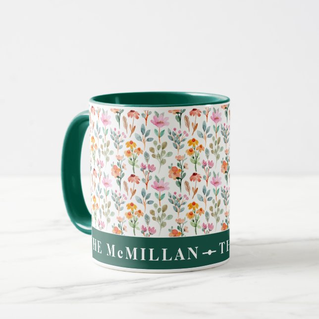 Pretty Colourful watercolor floral pattern pink Mug (Front Left)