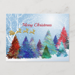 Pretty Colourful Watercolor Trees Santa Christmas Holiday Postcard