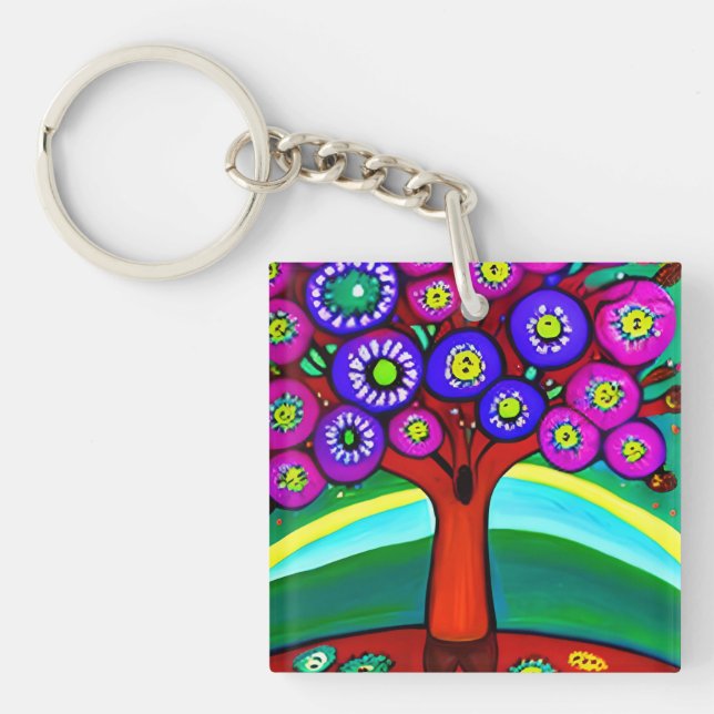 Pretty Colourful Whimsical Folk Art  Keychain (Front)
