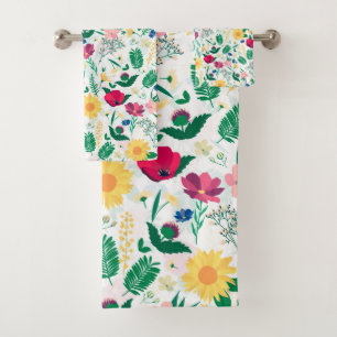 Pretty Colourful Wild Floral White Design Bath Towel Set