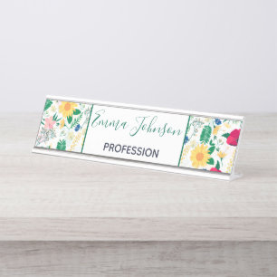 Pretty Colourful Wild Floral White Design Desk Name Plate