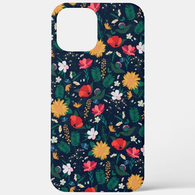 Pretty Colourful Wild Flowers Navy Blue Design Case-Mate iPhone Case (Back)