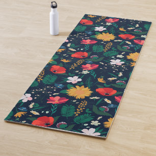 Pretty Colourful Wild Flowers Navy Blue Design Yoga Mat