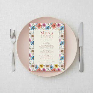 Pretty colourful wildflower wedding meal menu
