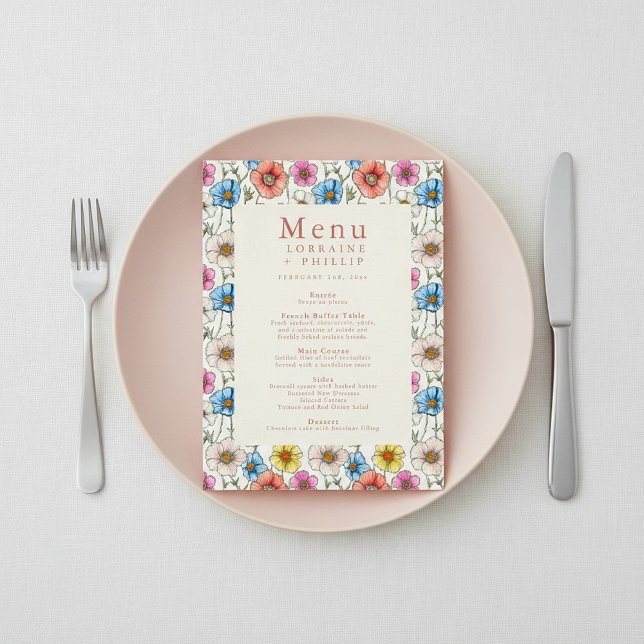 Pretty colourful wildflower wedding meal menu (Pretty colorful wildflower wedding meal menu.)
