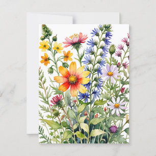 Pretty colourful wildflowers watercolor painting postcard