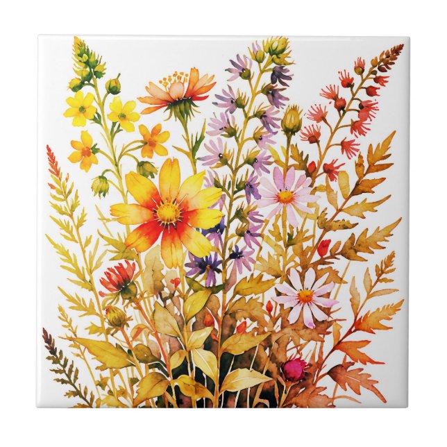 Pretty colourful wildflowers watercolor  tile (Front)