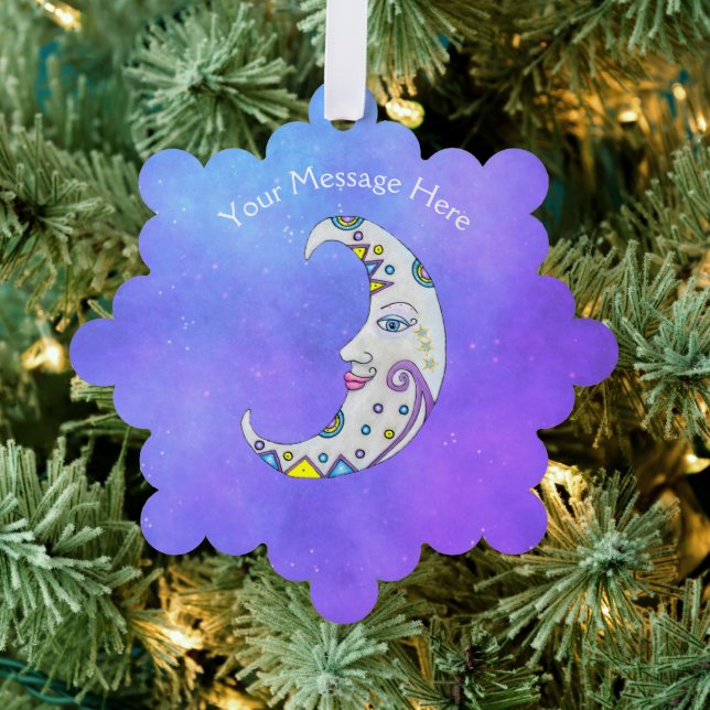 Pretty Colourfully Decorated Crescent Moon Face Sk Ornament Card (Insitu (Tree))