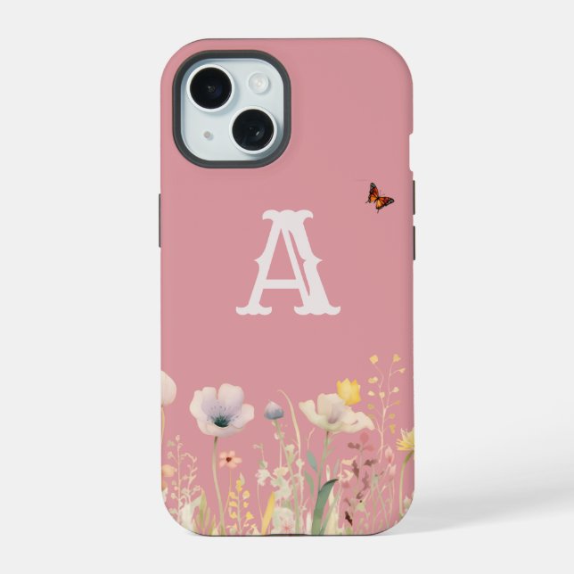 Pretty Colours Watercolor Wildflowers and Monogram iPhone 15 Case (Back)