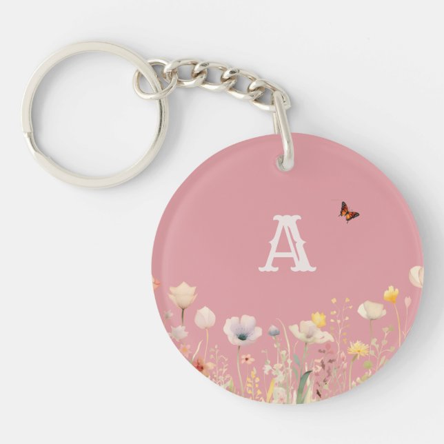 Pretty Colours Watercolor Wildflowers and Monogram Keychain (Front)