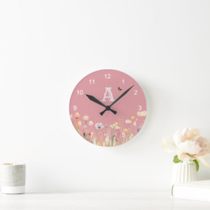 Pretty Colours Watercolor Wildflowers and Monogram Round Clock