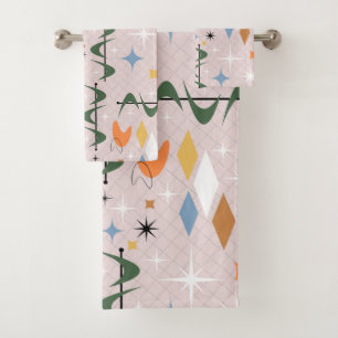 Pretty contemporary retro pattern atomic pink bath towel set