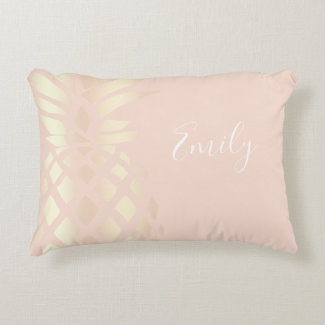 Pretty copper rose gold pineapple & blush pink accent pillow (Front)