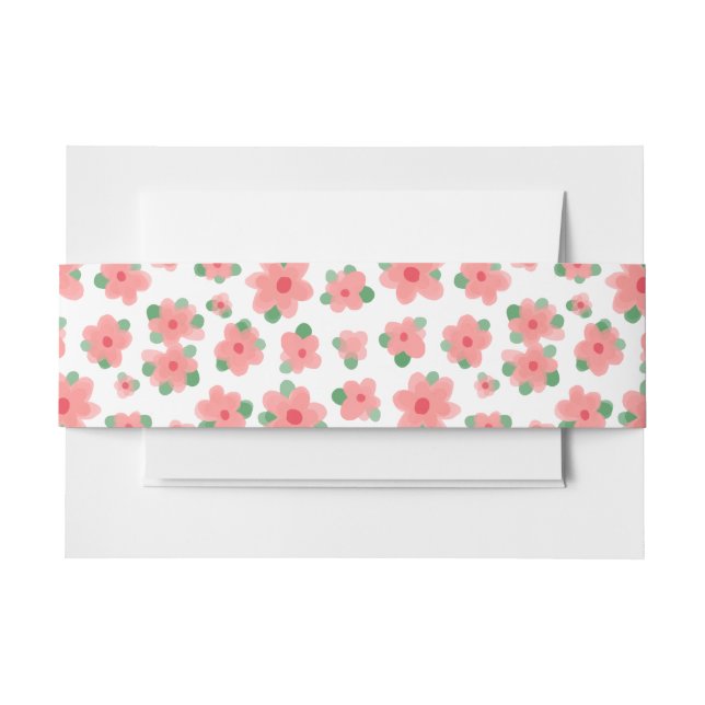 Pretty Coral Colour Flowers on White  Invitation Belly Band (Front Example)