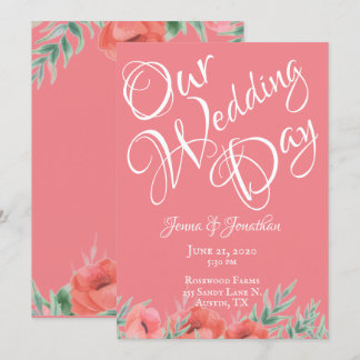Pretty Coral Floral Pink Wedding Invitation